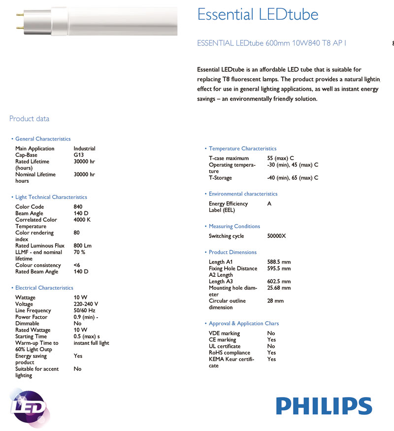Thông số kỹ thuật của bóng túyp led Philips 0,6m 10W - Essential Ledtube 10W