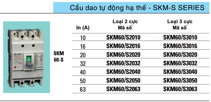 Aptomat khối Sino ( MCCB) 2 cực SKM60 - S | 10A, 16A, 20A, 32A