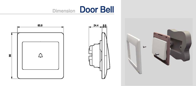 Kích thước nút nhấn chuông cửa, Dimension Door bell Swich LS - Korea ( LSV-DBEW)